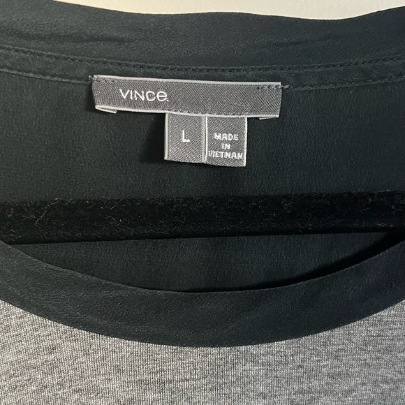 🛍️Vince Silk Trim Long Sleeve Tee Top Grey/Black Tunic Sz Lg Crewneck - Picture 4 of 4